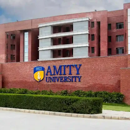 Red brick campus building with a large blue and yellow Amity University sign mounted on a brick wall in the foreground, with trimmed hedges and a paved road in front. The image highlights the Amity University campus infrastructure and formal academic setting.